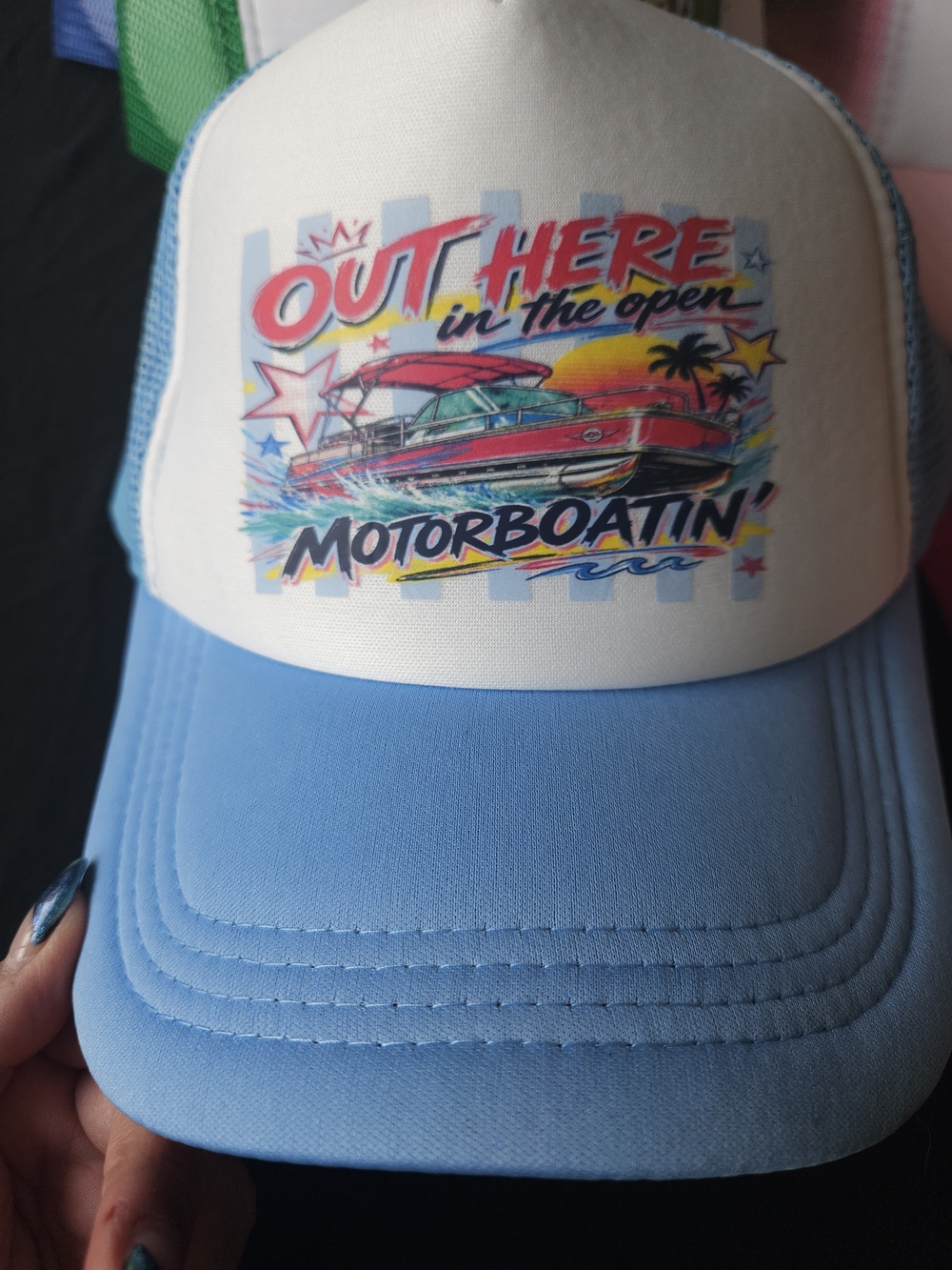 Handmade Out Here Motorboatin' Light Weight Trucker Hat - Light Blue & White